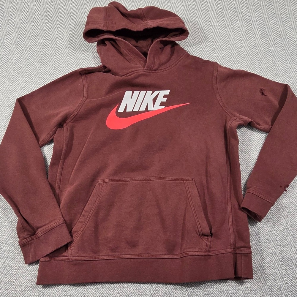 Nike Mens XL Hoodie Burgundy Maroon Futura Logo Pullover Distressed Sweatshirt‎